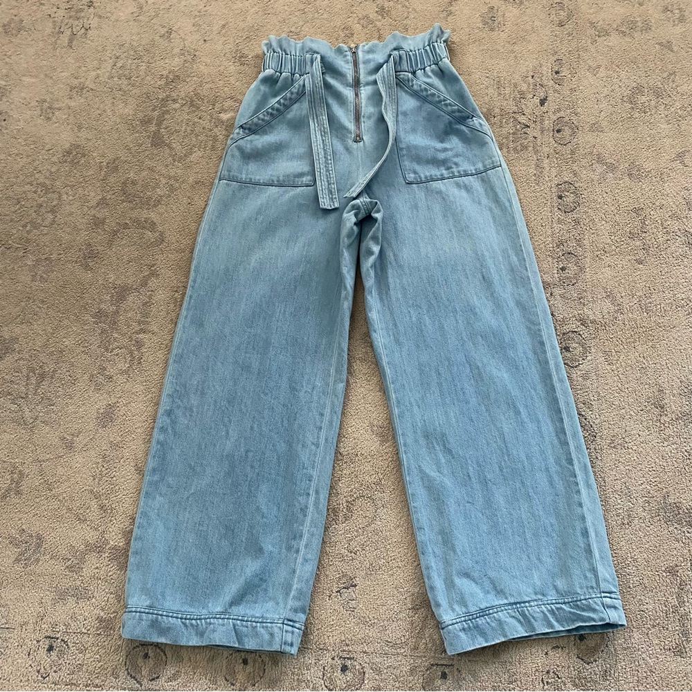 Sezane Anthon Trouser FR 40 US 8 100% Cotton Light Wash Blue Paper Bag Waist - Picture 2 of 14